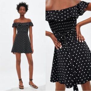 Zara Sundress  Mini Dress Black White Polka Dot Off Shoulder Tie back XS